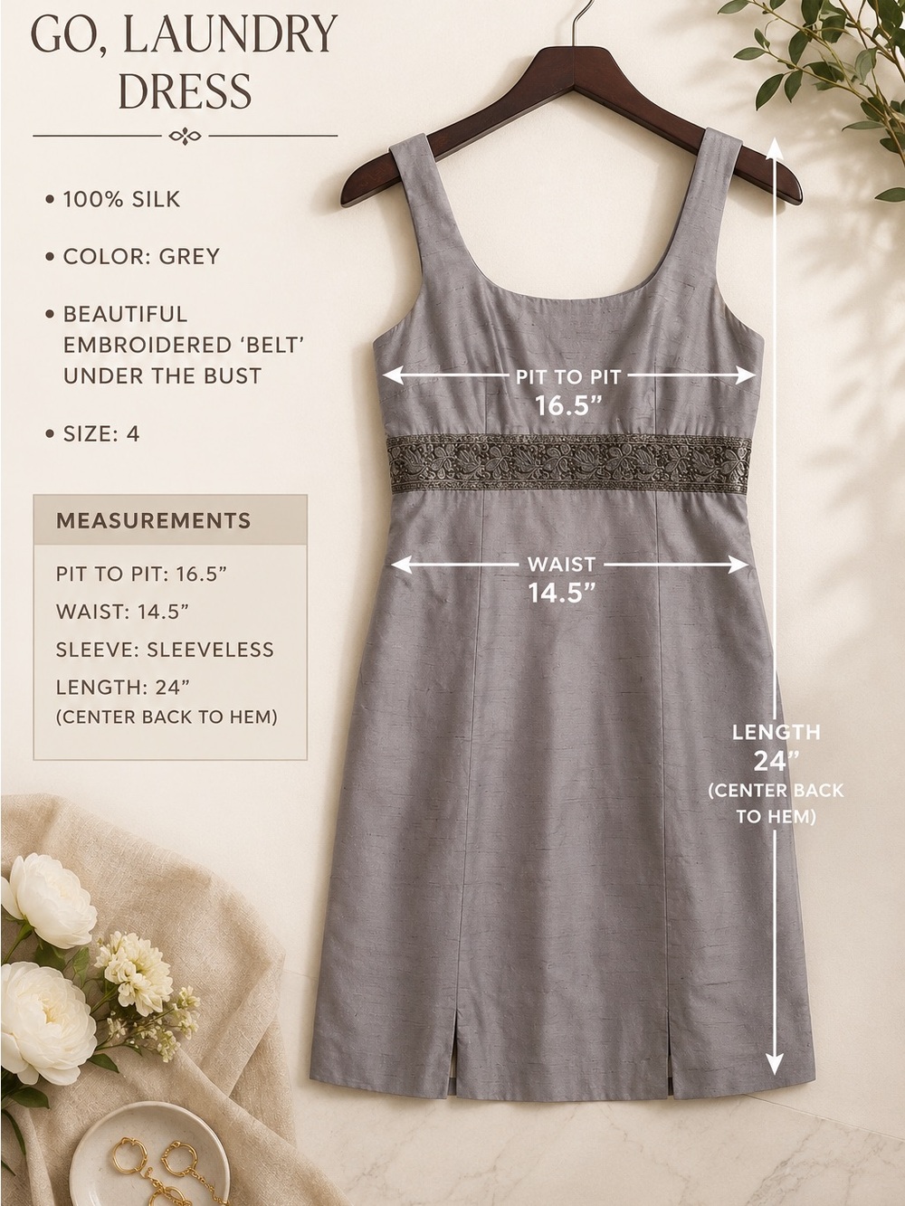 Laundry By Shelli Segal Silk Dress Size 4 Gray Embroidered Cocktail Sheath Mini